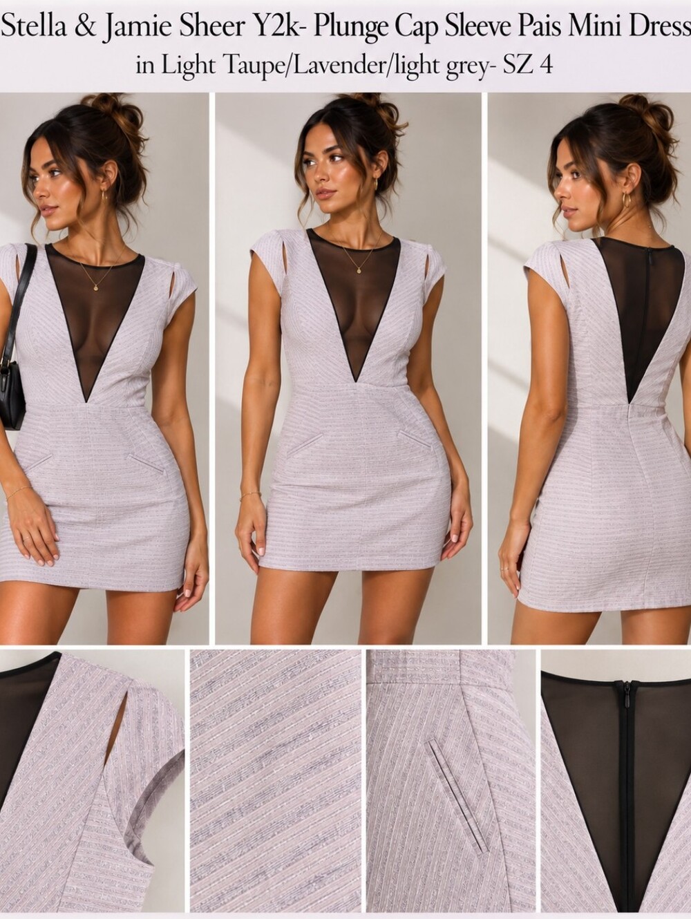 Stella & Jamie Sheer Plunge Cap Sleeve Mini Dress in Light Taupe/Lavender- SZ 4